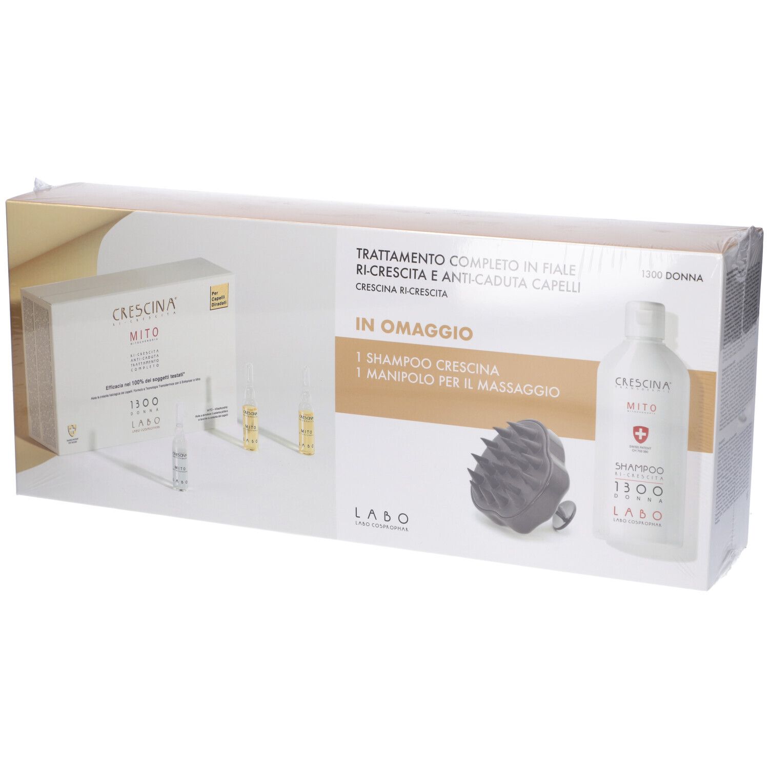 Confezione prodotto. Contiene fiale, shampoo e massaggiatore. Testo: CRESCINA MITO, LABO.