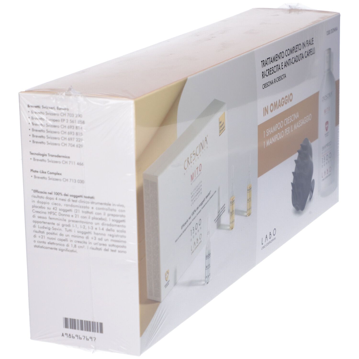 Confezione, confezionata trasparente. Contiene prodotto. Testo: CRESCINA MITO, LABO.