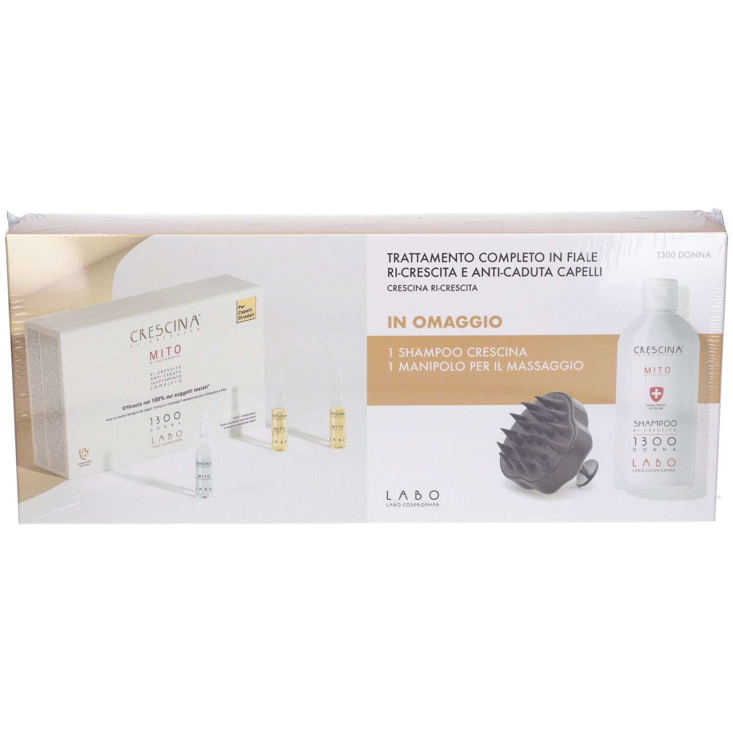 Confezione prodotto. Contiene fiale, shampoo e massaggiatore. Testo: CRESCINA MITO, LABO.