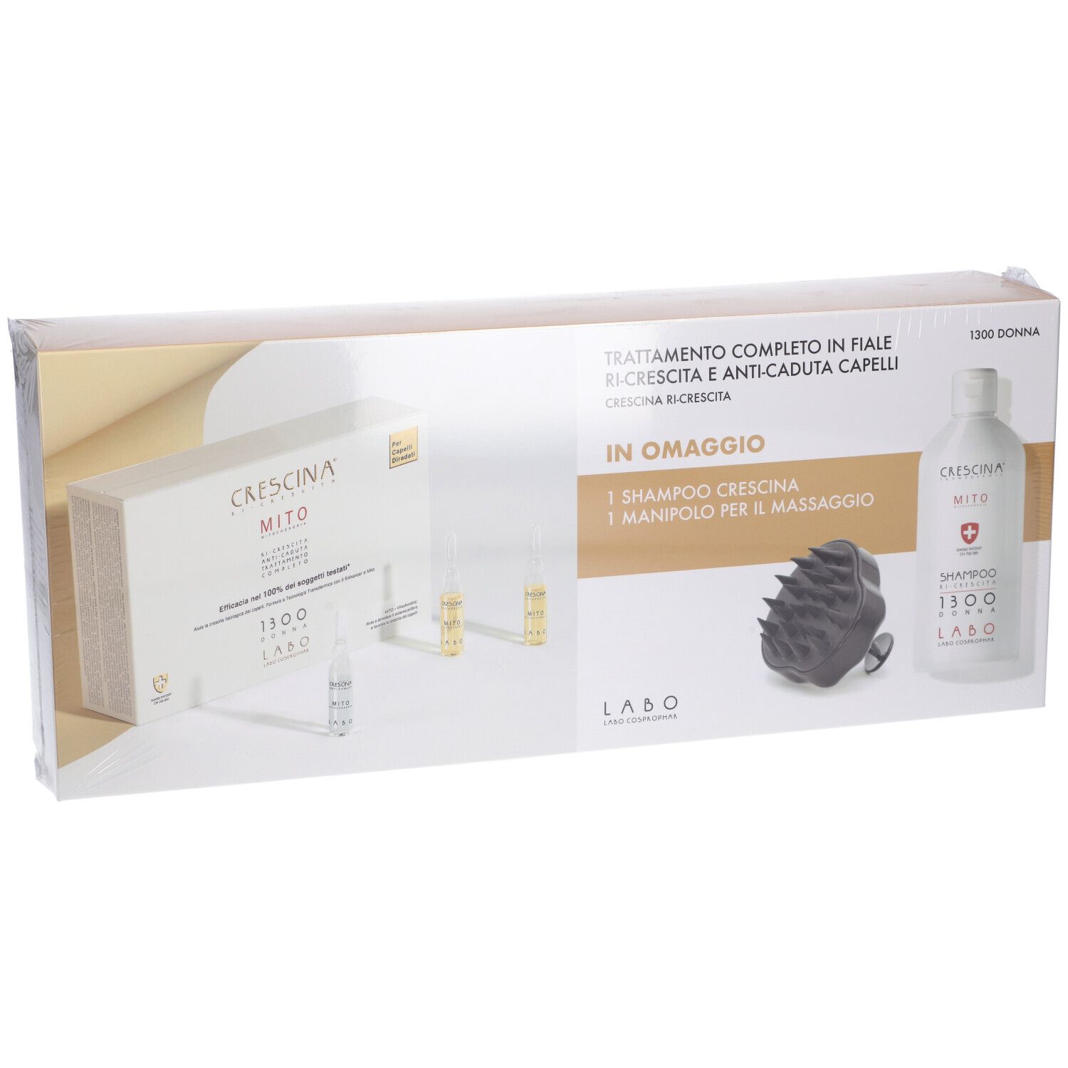 Confezione prodotto. Contiene fiale, shampoo e massaggiatore. Testo: CRESCINA MITO, LABO.