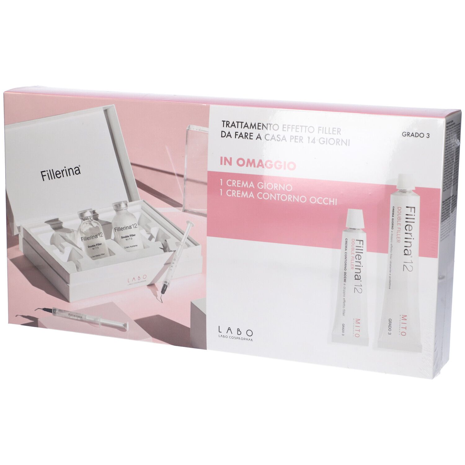 Confezione con flaconi, siringhe e creme. Testo: Fillerina, Trattamento effetto filler, In omaggio.