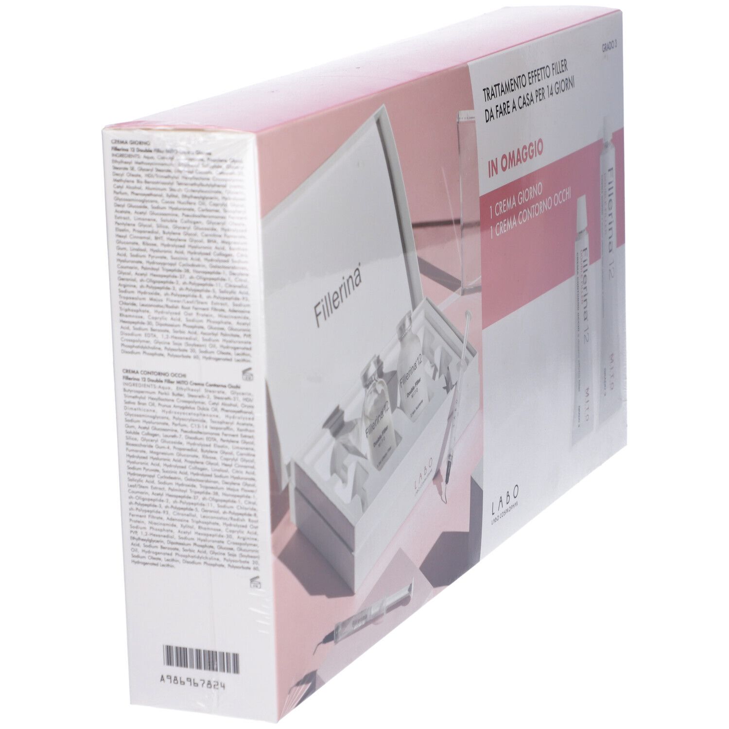 Confezione, parzialmente trasparente. Testo: Fillerina, Trattamento effetto filler, In omaggio. Labo.