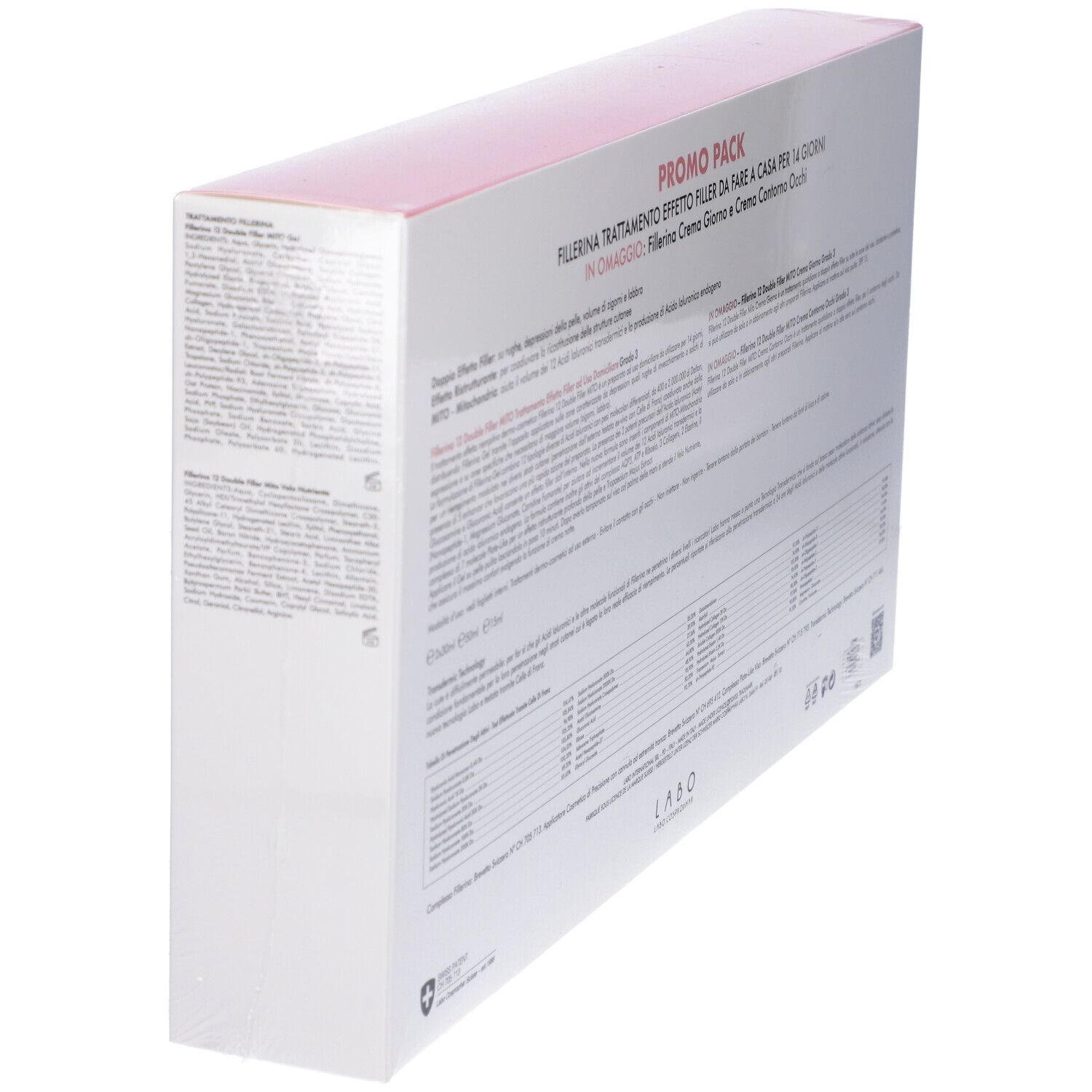 Confezione, retro. Testo: Promo Pack, Fillerina Trattamento, In omaggio. Labo.