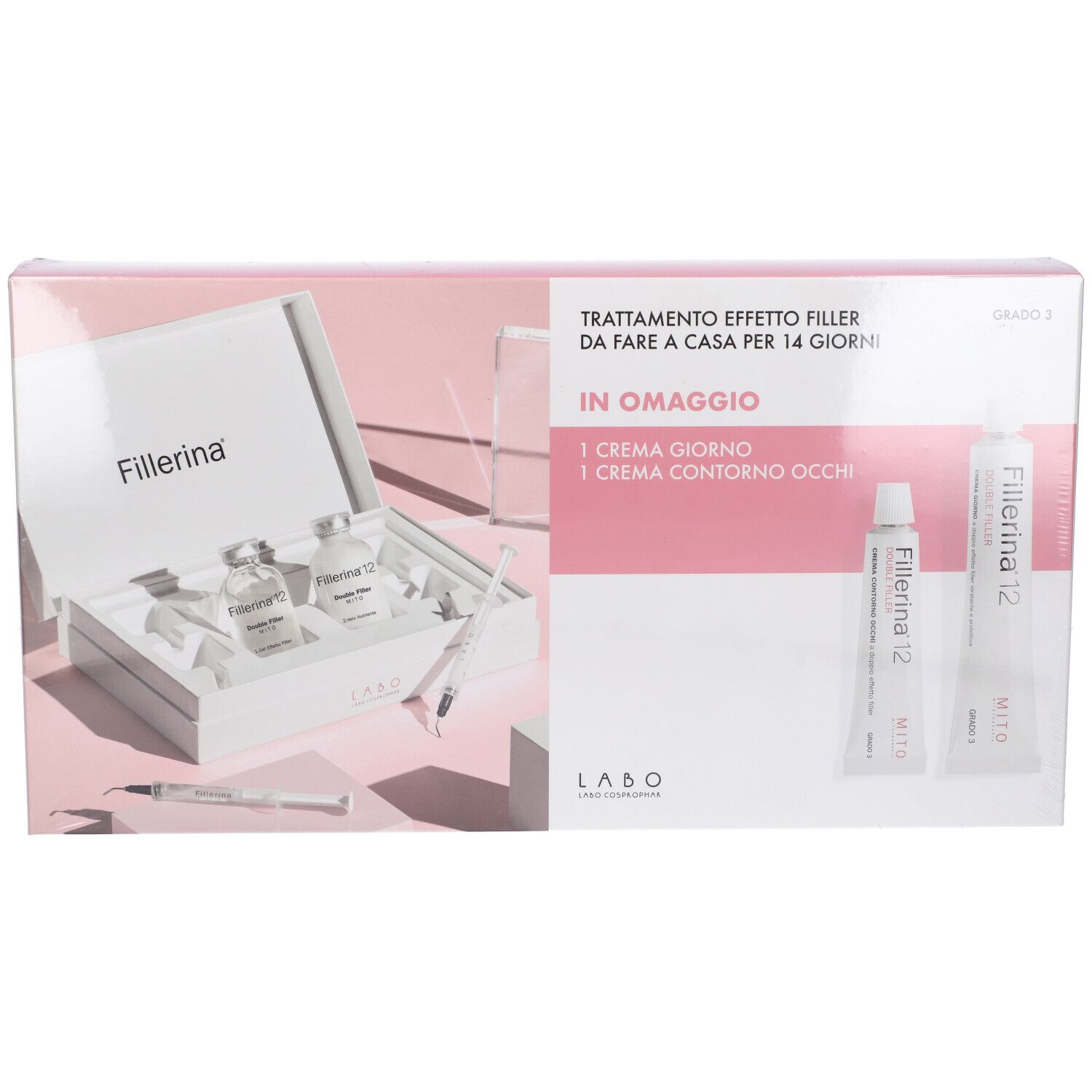 Confezione con flaconi, siringhe e creme. Testo: Fillerina, Trattamento effetto filler, In omaggio.