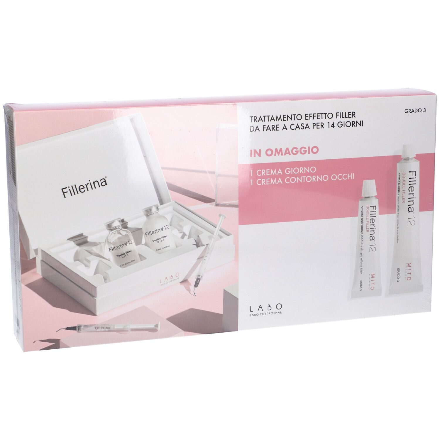 Confezione con flaconi, siringhe e creme. Testo: Fillerina, Trattamento effetto filler, In omaggio.