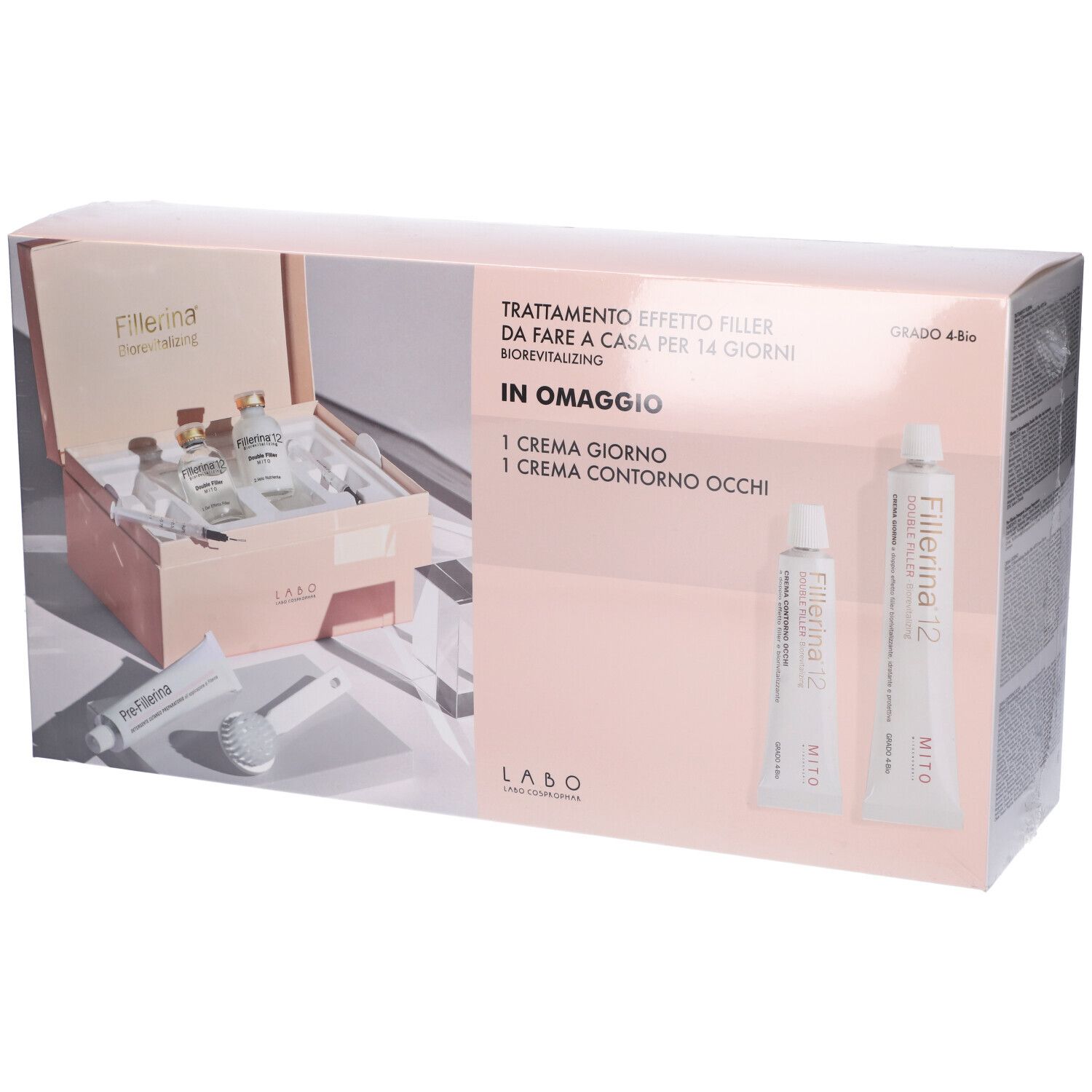 Confezione rosa con prodotti. Contiene creme e flaconi. Testo: Fillerina, Biorevitalizing, in Omaggio, 1 Crema Giorno, 1 Crema Contorno Occhi.