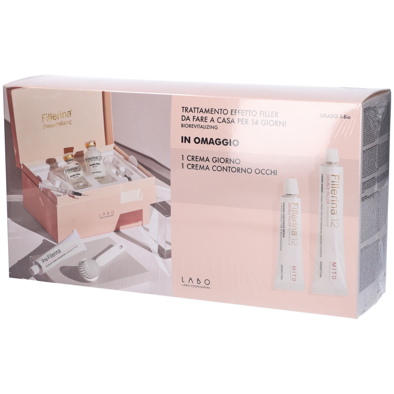 Confezione Labo Fillerina. Contiene creme e fiale. Confezione trasparente.