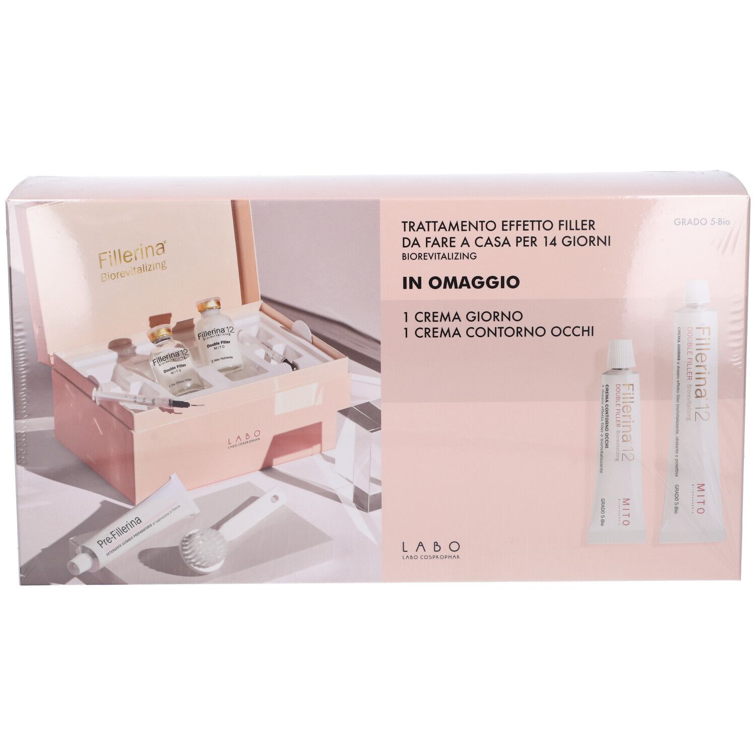 Confezione Labo Fillerina. Contiene creme, fiale e applicatori. Tonalità rosa e bianco.