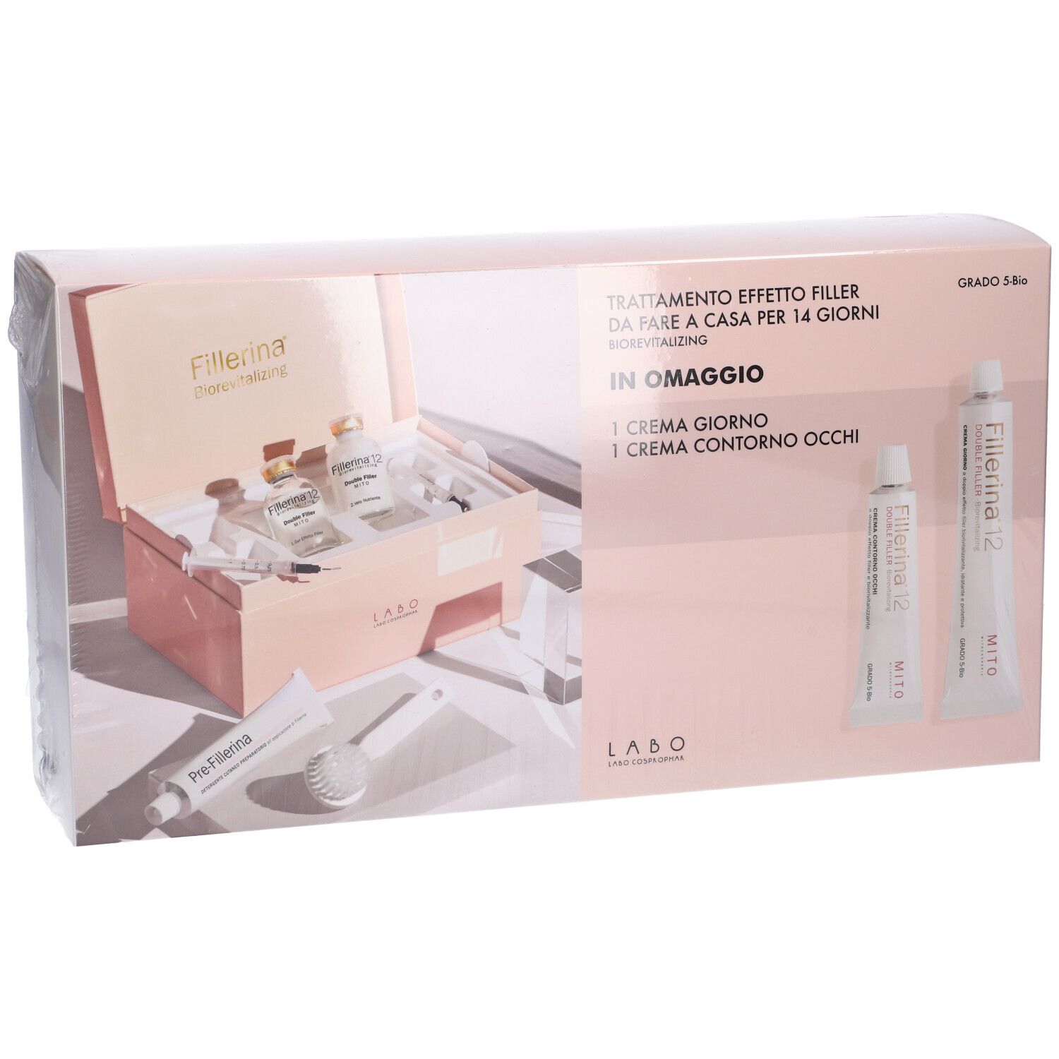 Confezione Labo Fillerina. Contiene creme, fiale e applicatori. Tonalità rosa e bianco.