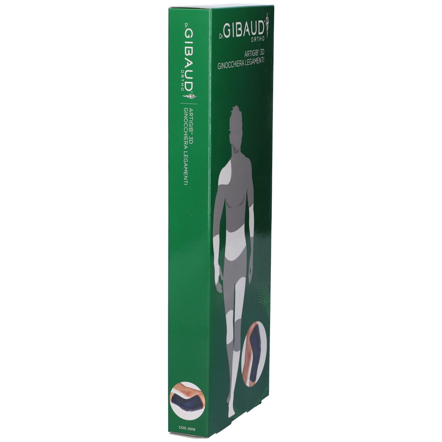 Grüne Verpackung, Seitenansicht. Aufschrift: GIBAUD ORTHO ARTIGIB 3D Ginocchiera Legamenti. Produktabbildung.
