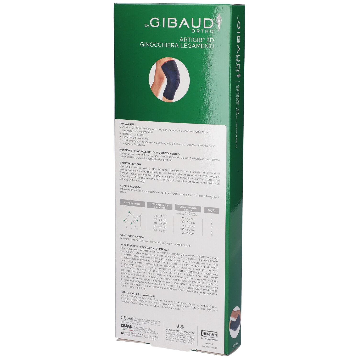 Rückseite der grünen Verpackung. Text und Produktabbildung. Aufschrift: GIBAUD ORTHO ARTIGIB 3D Ginocchiera Legamenti.