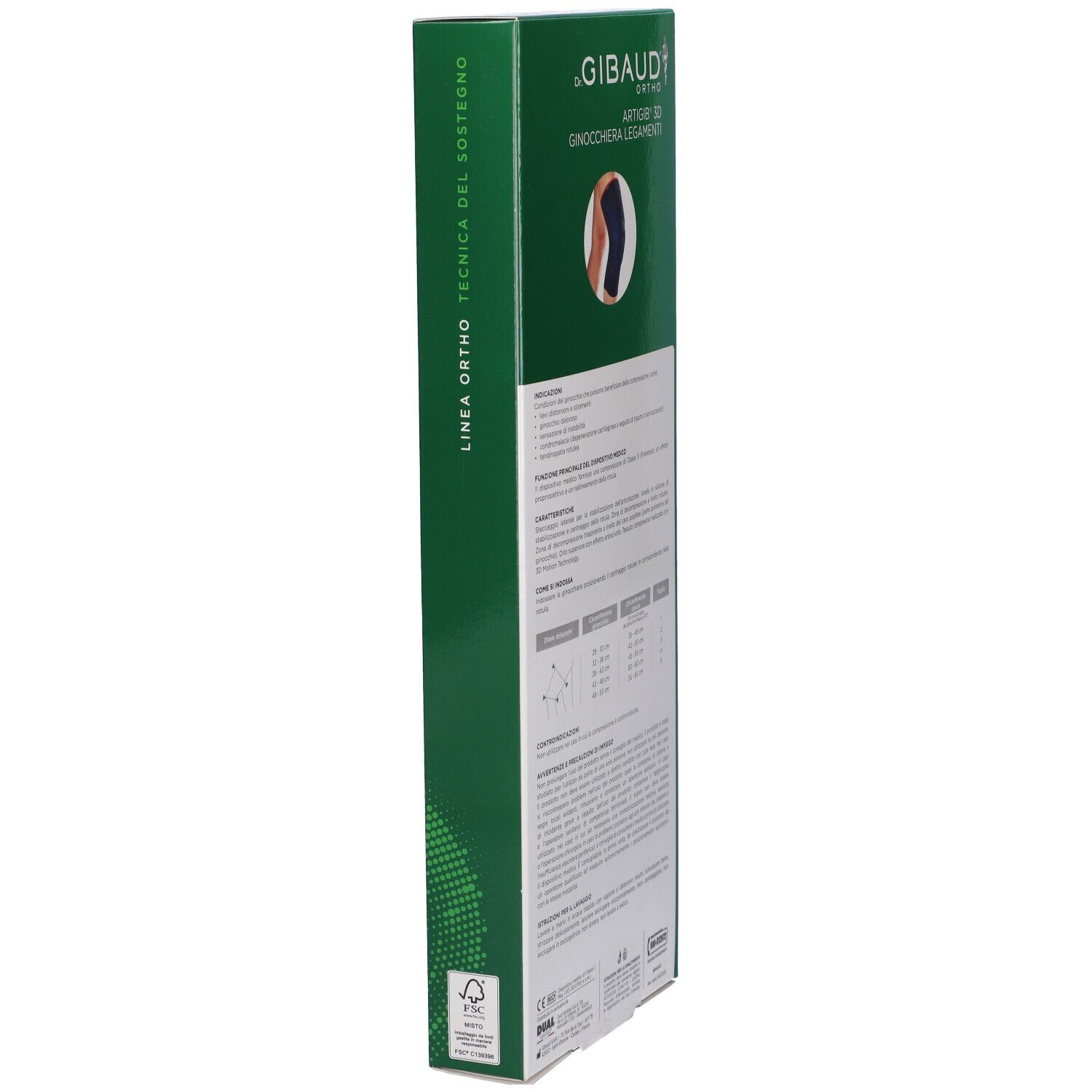 Seitenansicht der grünen Verpackung. Text und Produktabbildung. Aufschrift: GIBAUD ORTHO ARTIGIB 3D Ginocchiera Legamenti.