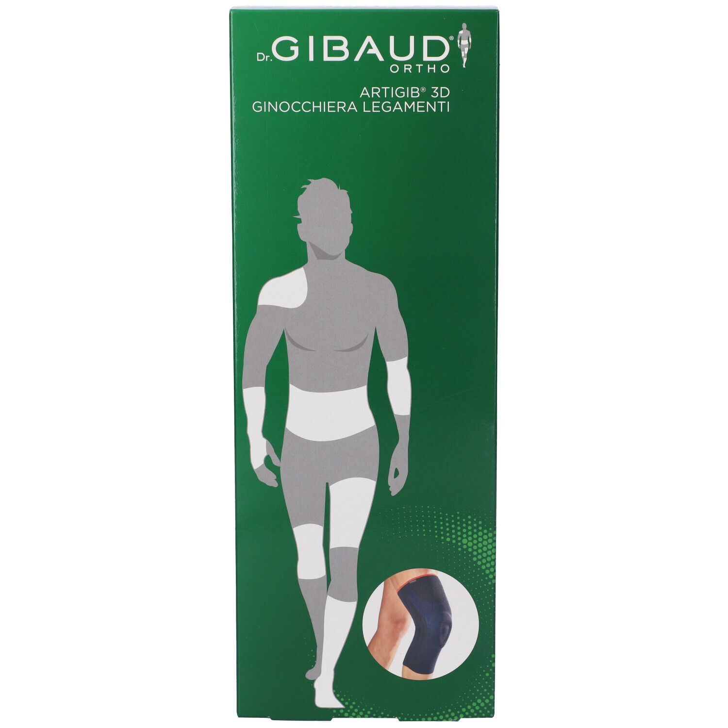 Grüne Verpackung mit Produktabbildung. Aufschrift: GIBAUD ORTHO ARTIGIB 3D Ginocchiera Legamenti. Abbildung eines Knieschutzes.