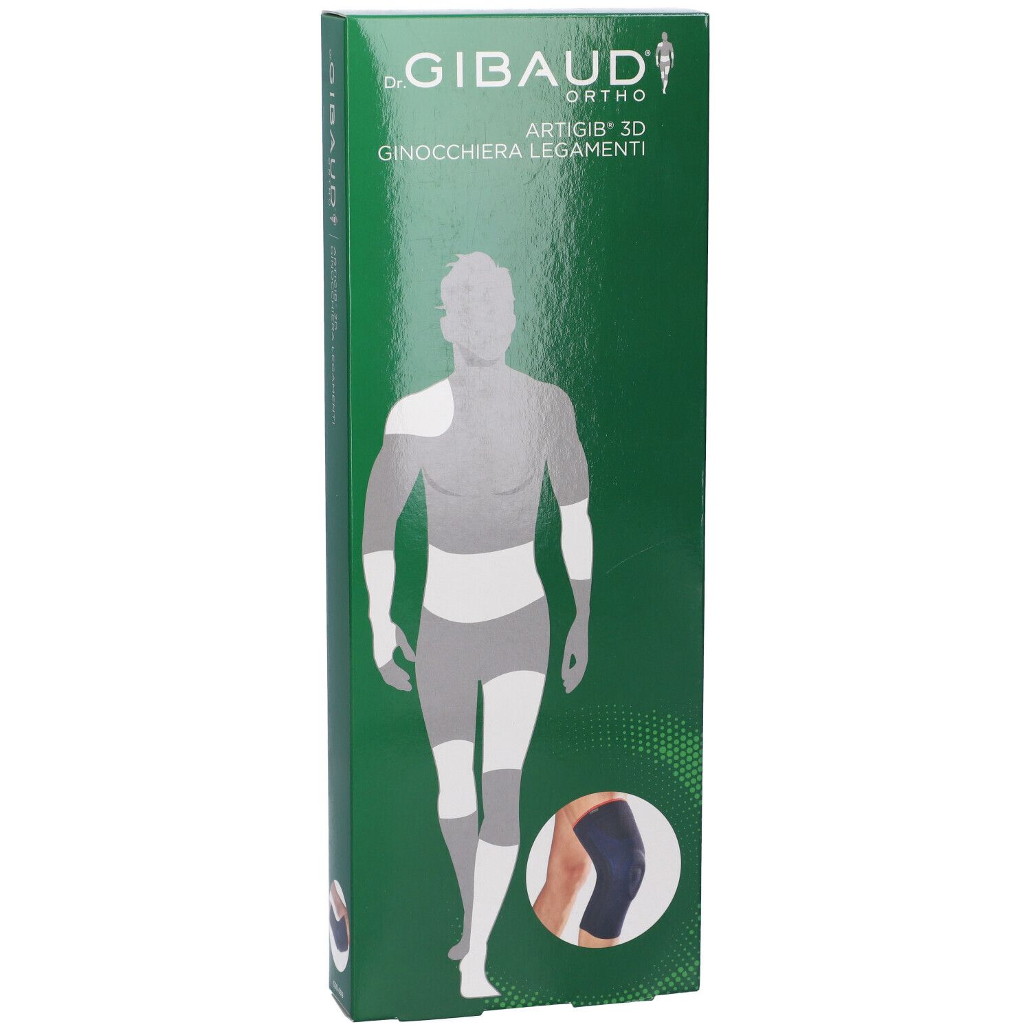 Grüne Verpackung mit Produktabbildung. Aufschrift: GIBAUD ORTHO ARTIGIB 3D Ginocchiera Legamenti. Abbildung eines Knieschutzes.