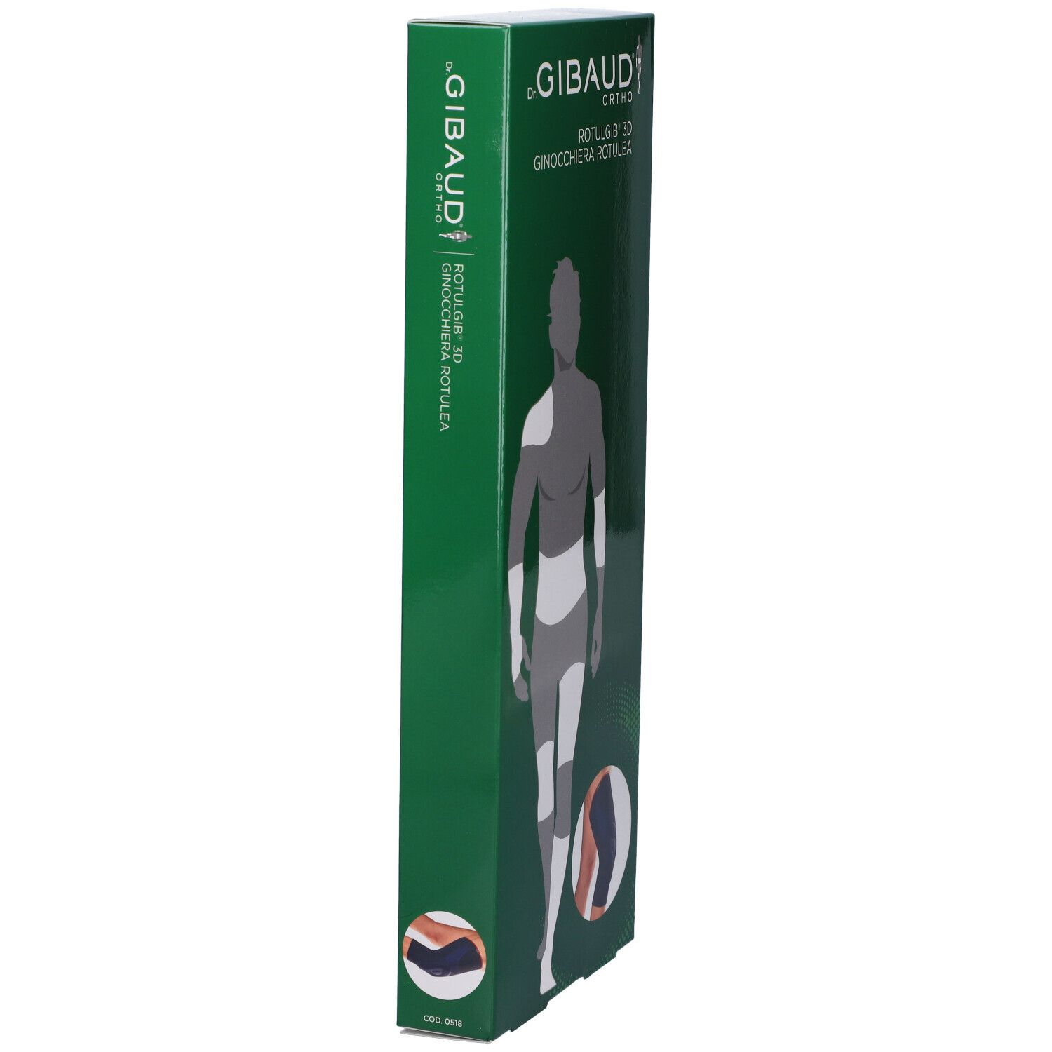 Gibaud Ortho Rotulgib 3D Ginocchiera Rotulea Verpackung, Seitenansicht. Grün mit Markenlogo.