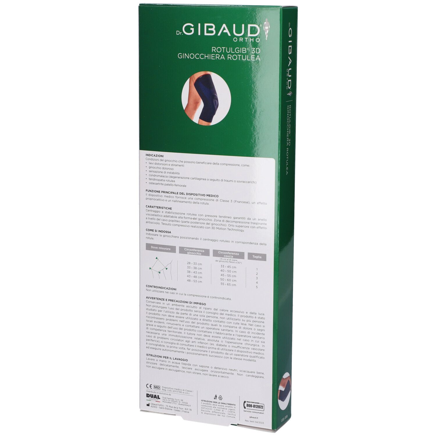 Rückseite der Gibaud Ortho Rotulgib 3D Ginocchiera Rotulea Verpackung. Text und Produktabbildung.