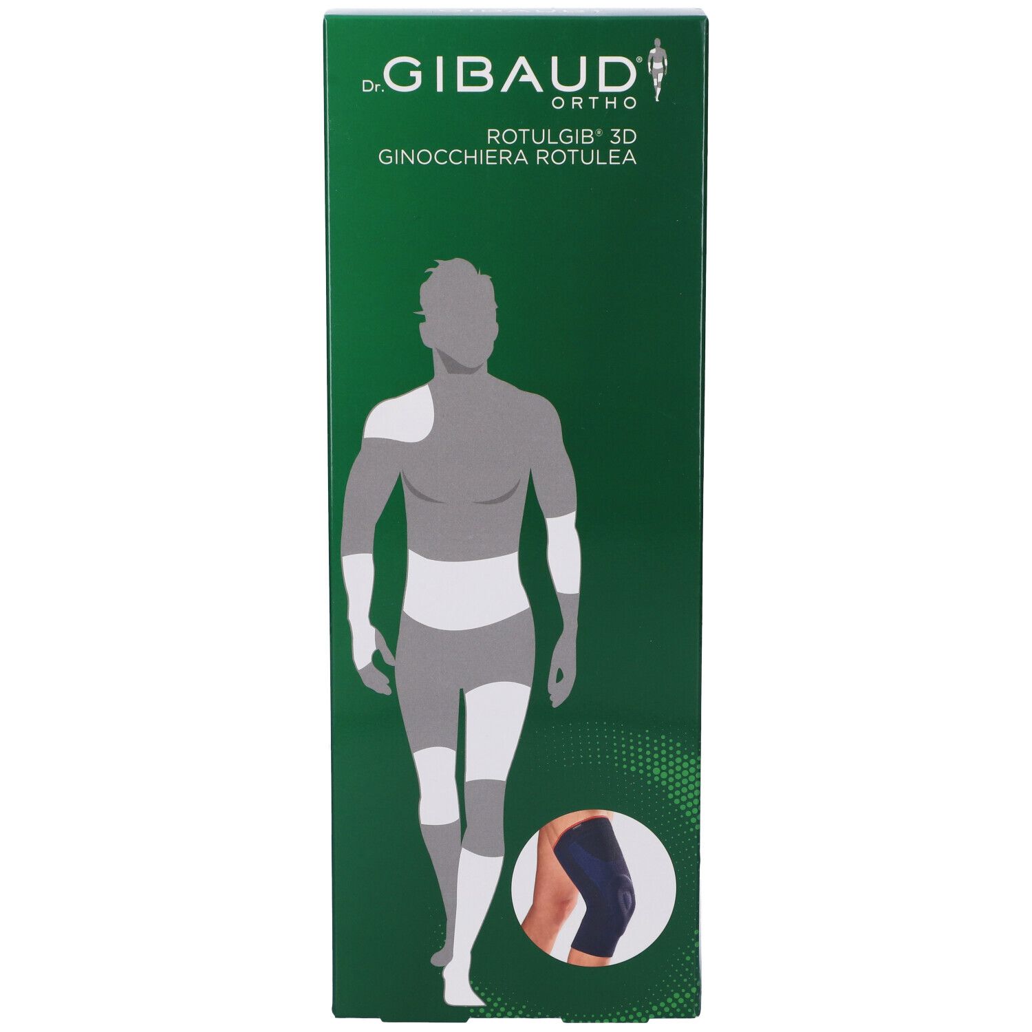 Verpackung von Gibaud Ortho Rotulgib 3D Ginocchiera Rotulea. Grün mit Produktabbildung und Markenlogo.