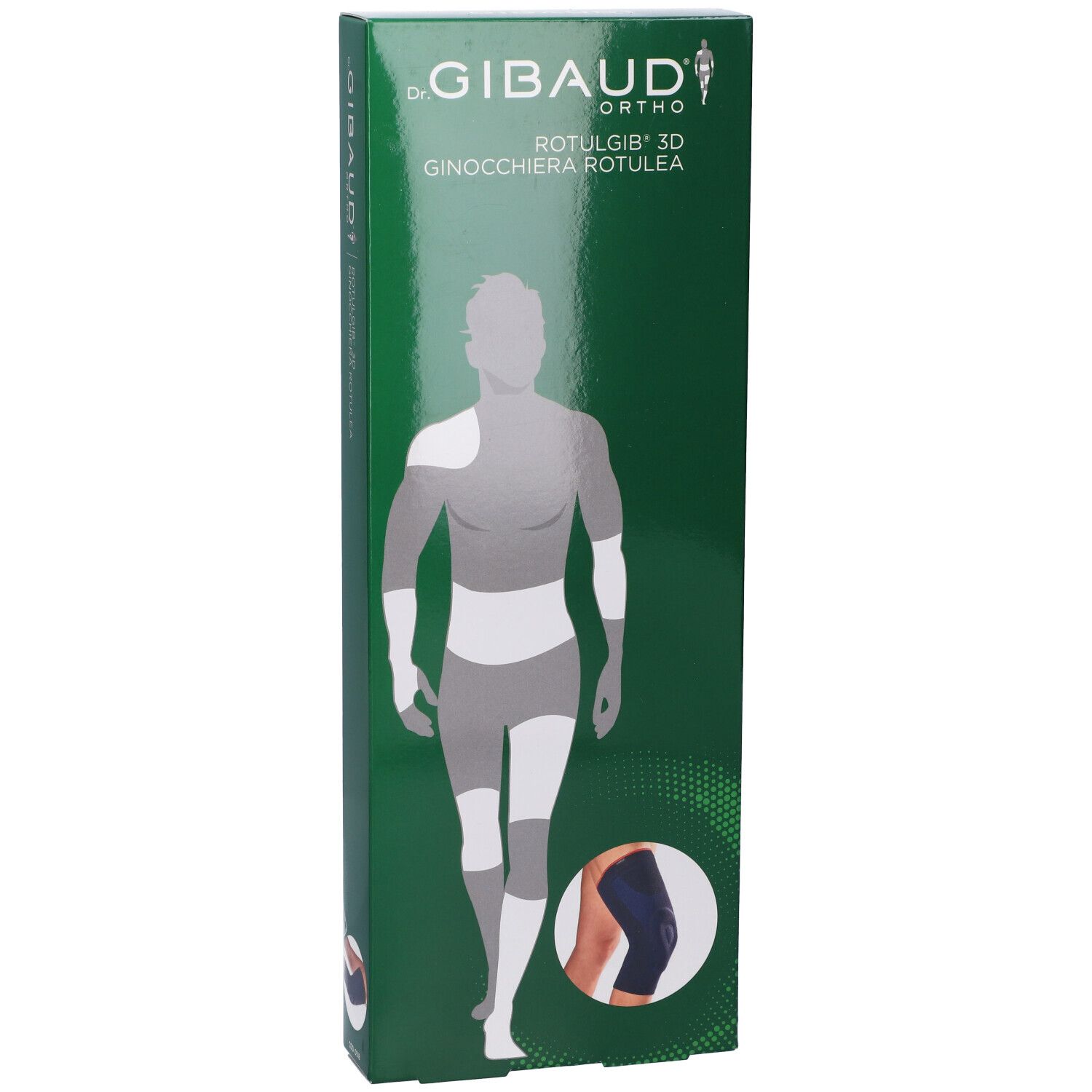 Verpackung von Gibaud Ortho Rotulgib 3D Ginocchiera Rotulea. Grün mit Produktabbildung und Markenlogo.