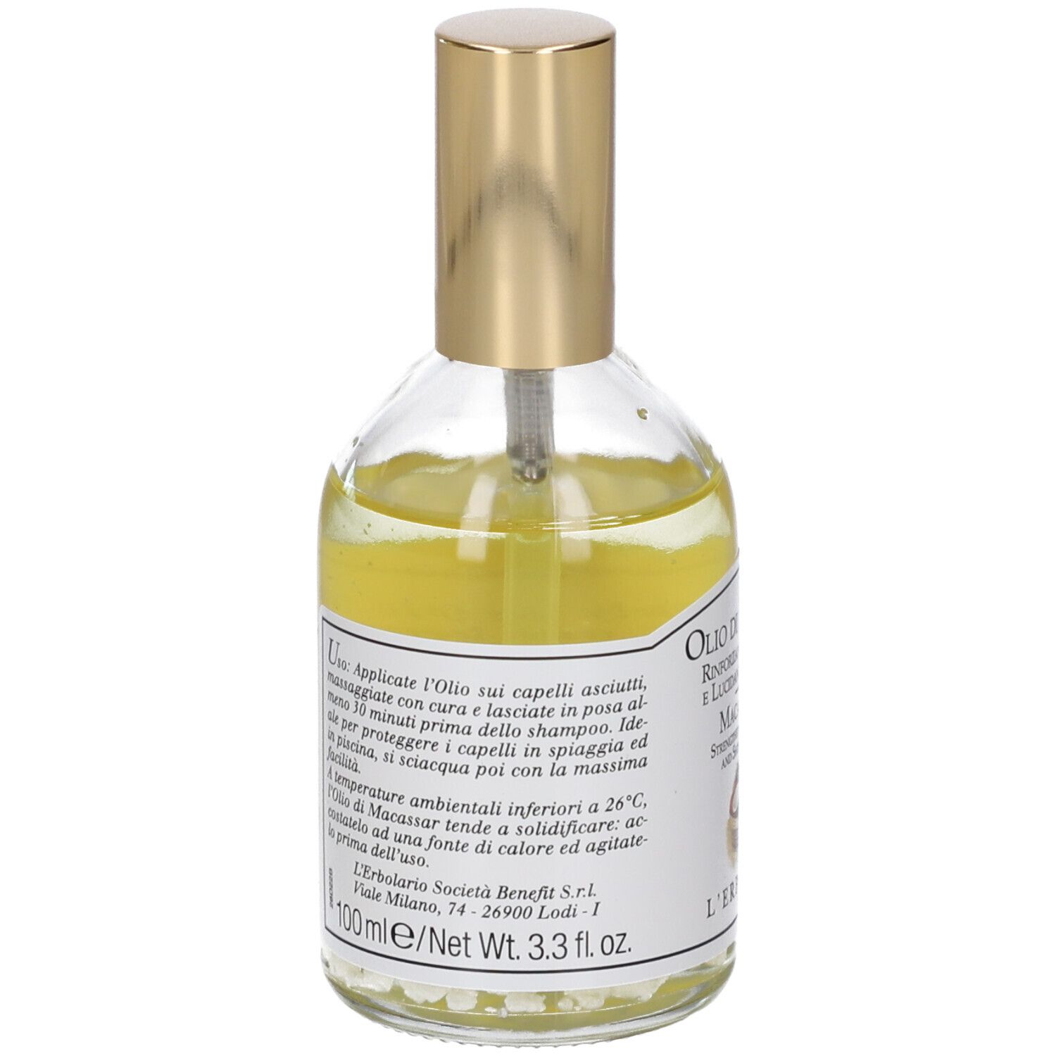 Glasflasche mit goldenem Pumpspender, gefüllt mit gelbem Haaröl. Enthält 100 ml.