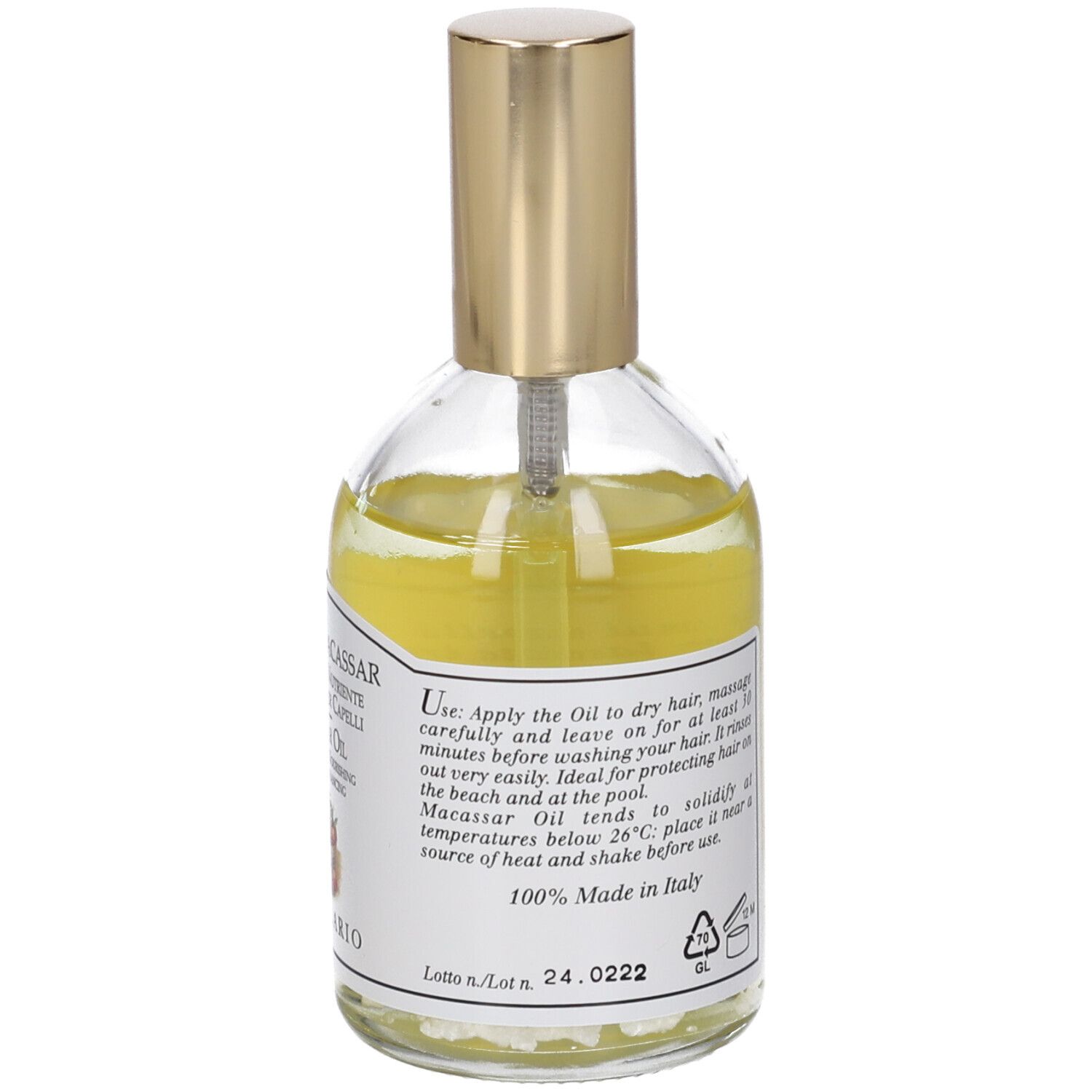 Glasflasche mit goldenem Verschluss, gefüllt mit gelbem Haaröl. Enthält einen Sprühkopf.