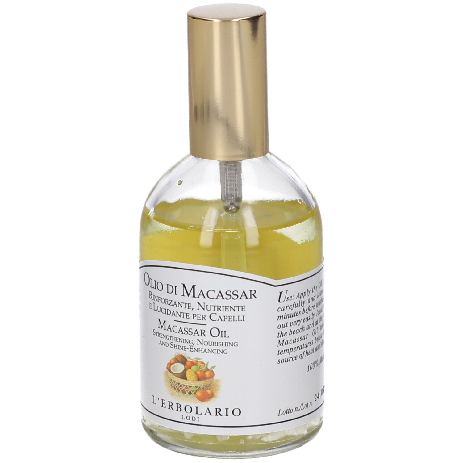 Glasflasche mit goldfarbenem Pumpspender, gefüllt mit gelbem Macassar-Öl für Haare.