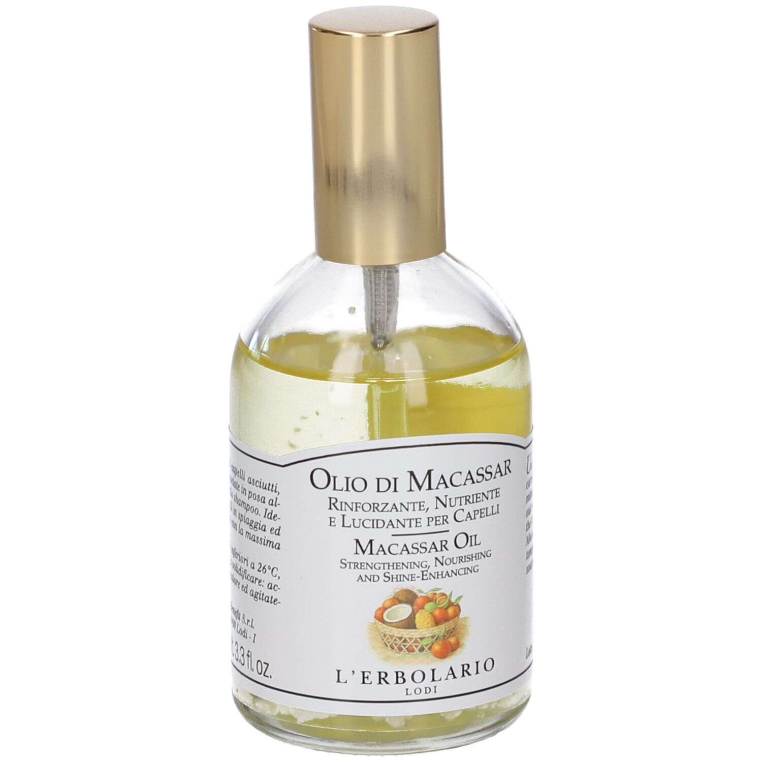 Glasflasche mit goldenem Pumpspender, gefüllt mit gelbem Macassar-Öl. Etikett mit Produktinformationen und Früchten.