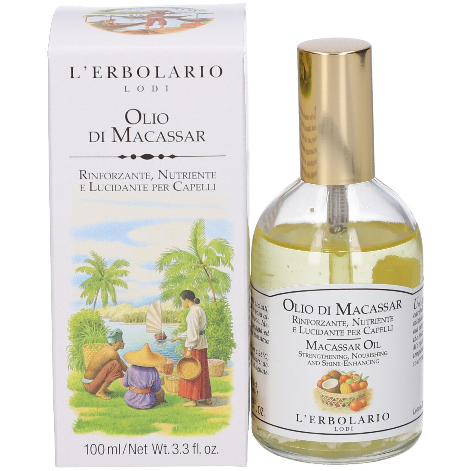L'Erbolario Macassar Öl Flasche und Karton. Goldener Verschluss, klare Flüssigkeit. Karton mit tropischer Szene.