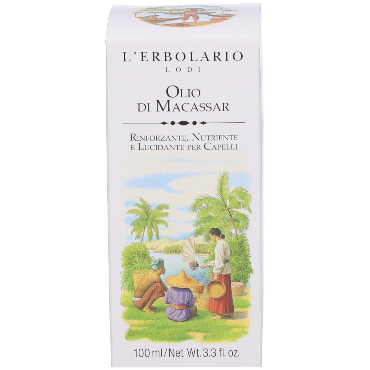 L'Erbolario Olio di Macassar Haarpflegeöl-Verpackung, 100 ml.