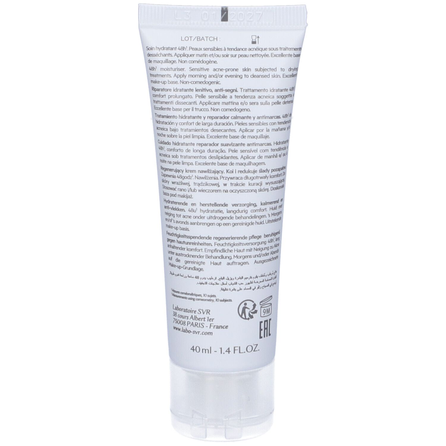 Rückseite der weißen Tube. Text in mehreren Sprachen. Informationen zu Inhaltsstoffen und Anwendung. 40ml - 1.4 FL.OZ.