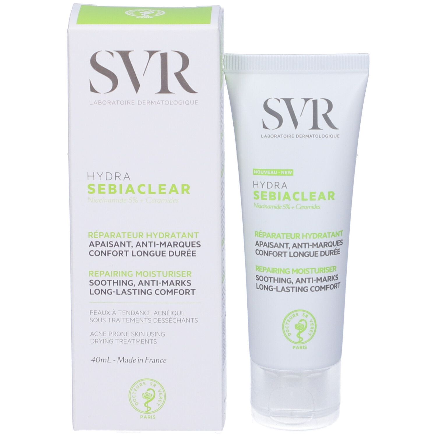 Produktverpackung: Tube und Schachtel. SVR-Logo, HYDRA SEBIACLEAR. Text: Reparateur Hydratant, Apaisant, Anti-Marques, Confort Longue Duree.
