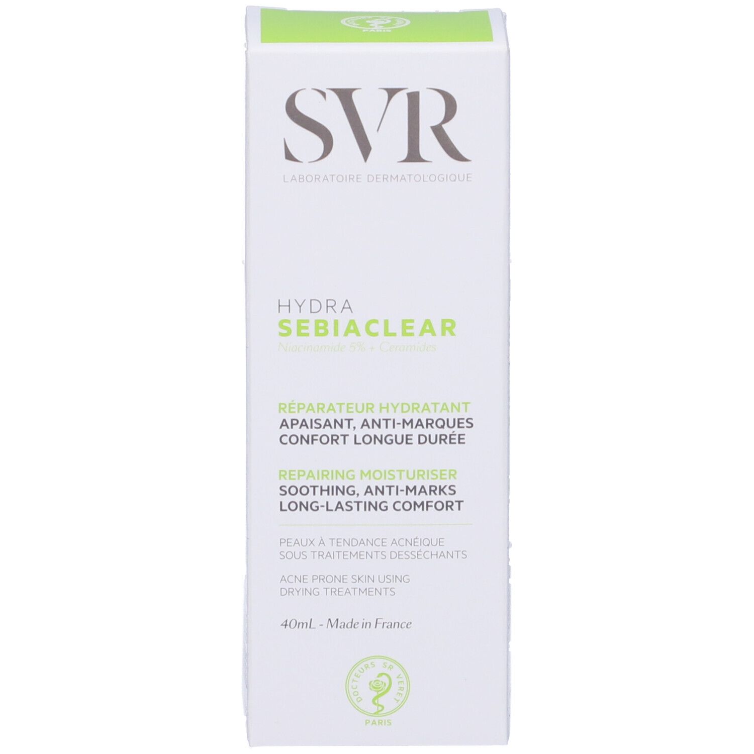 Weiße Schachtel mit SVR-Logo und HYDRA SEBIACLEAR. Text: Reparateur Hydratant, Apaisant, Anti-Marques, Confort Longue Duree. 40ml.