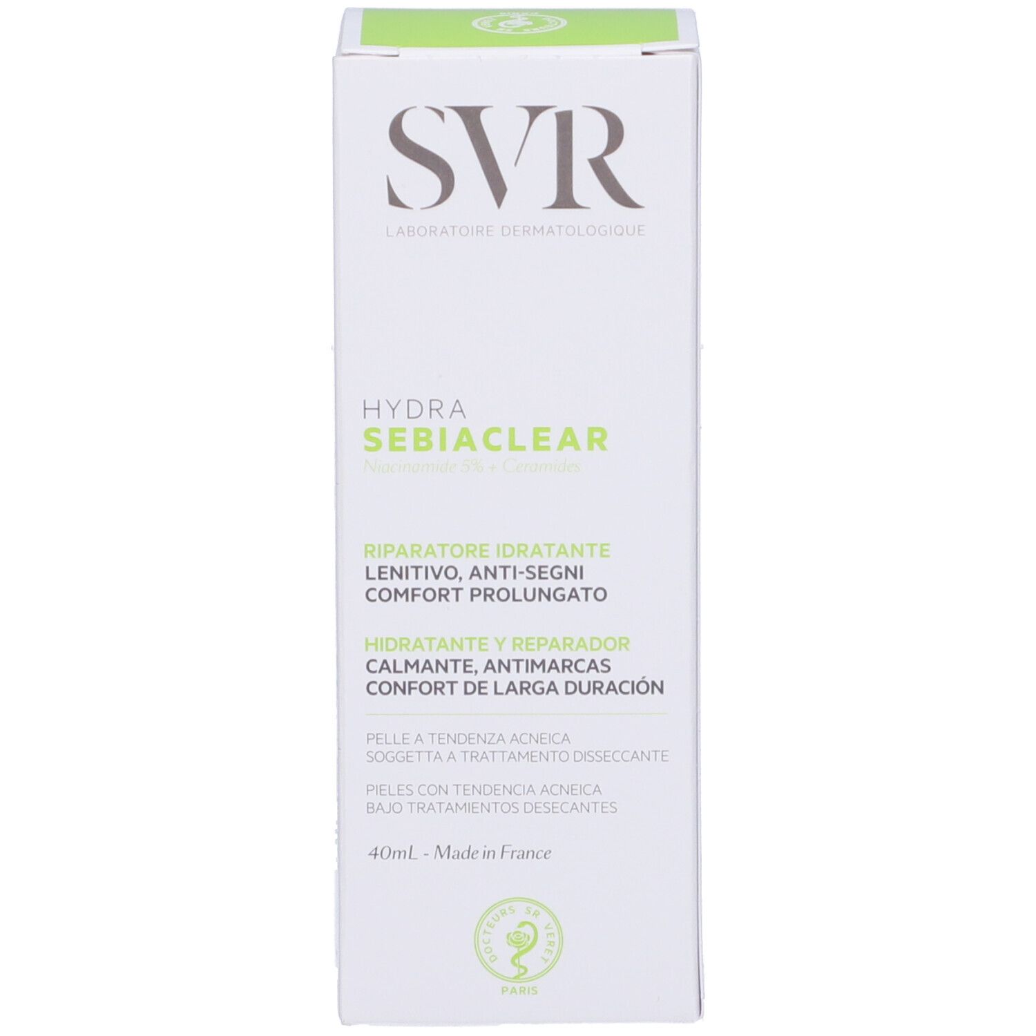 Seite der Schachtel. SVR-Logo, HYDRA SEBIACLEAR. Text: Reparatore Idratante, Lenitivo, Anti-segni, Confort Prolungato. 40ml.