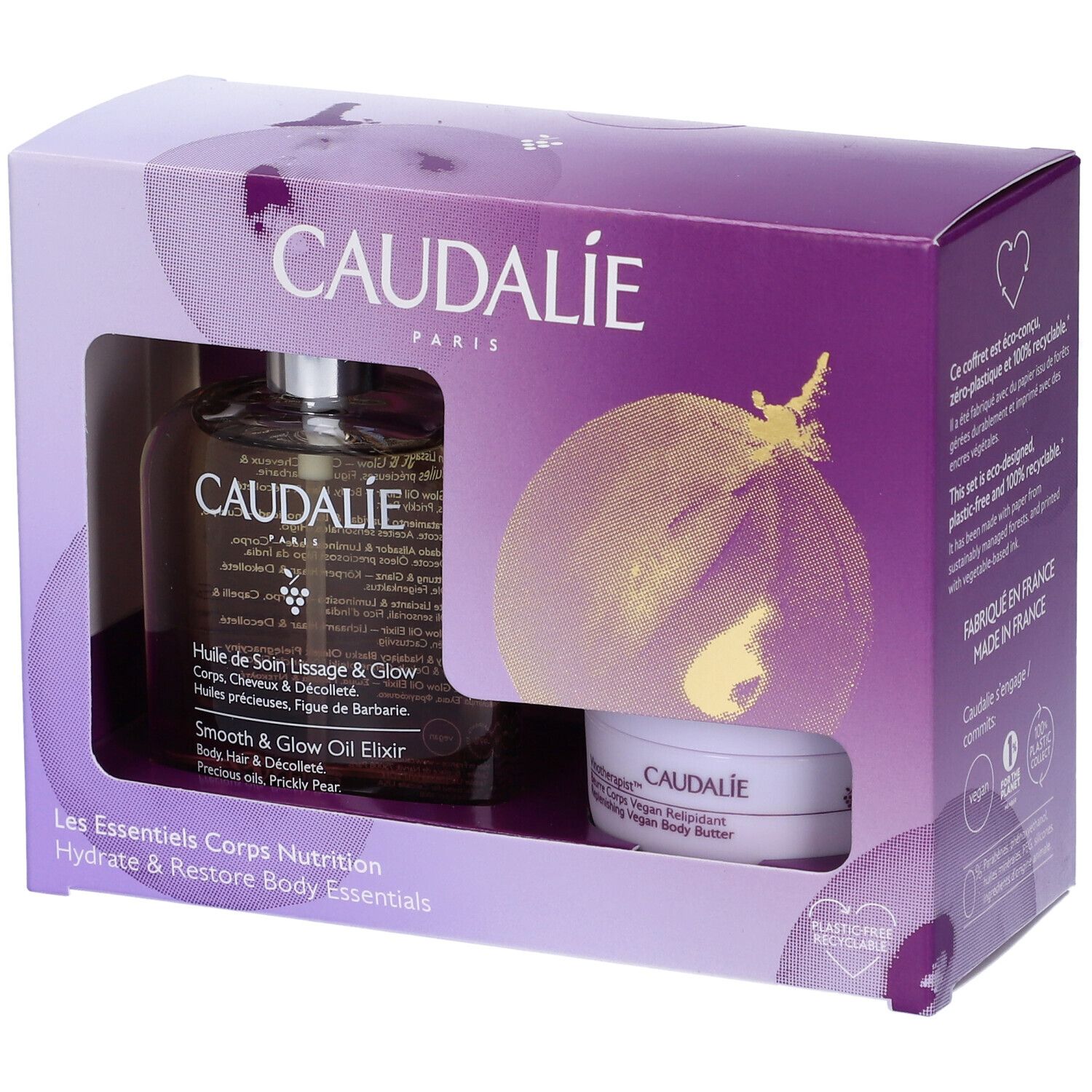 Confezione regalo Caudalìe con olio e crema. Confezione viola con finestra. Marchio e nomi dei prodotti visibili.