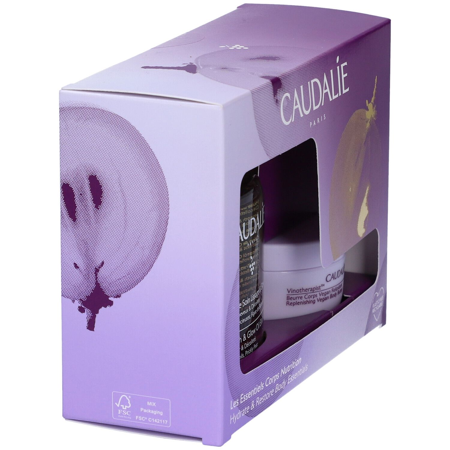 Confezione Caudalìe viola con finestra. Illustrazione di uva. Contiene olio e crema.