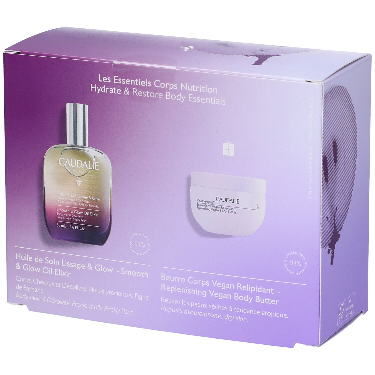 Confezione regalo Caudalìe con olio e crema. Confezione viola. Nomi dei prodotti e logo visibili.