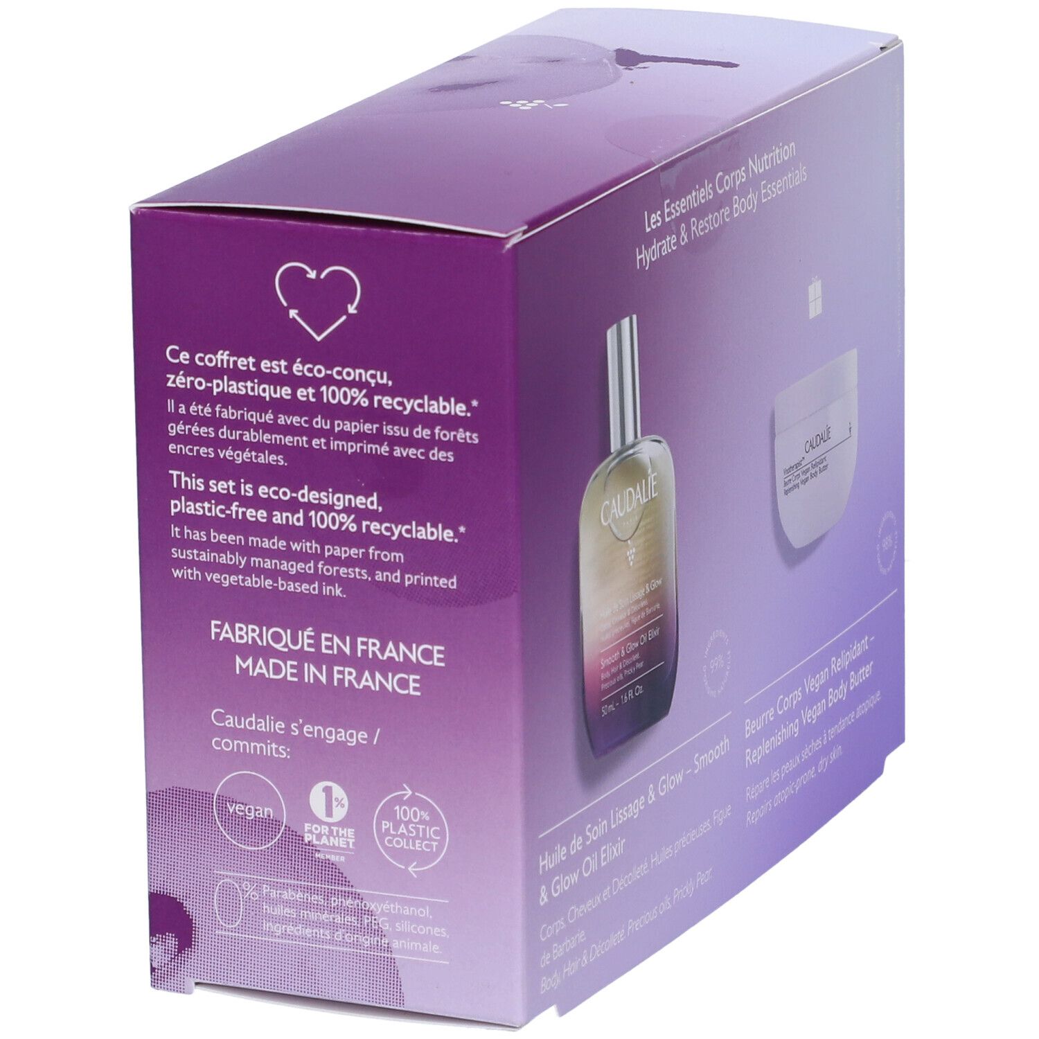 Retro della confezione Caudalìe. Testo su sostenibilità e ingredienti. Prodotto in Francia.