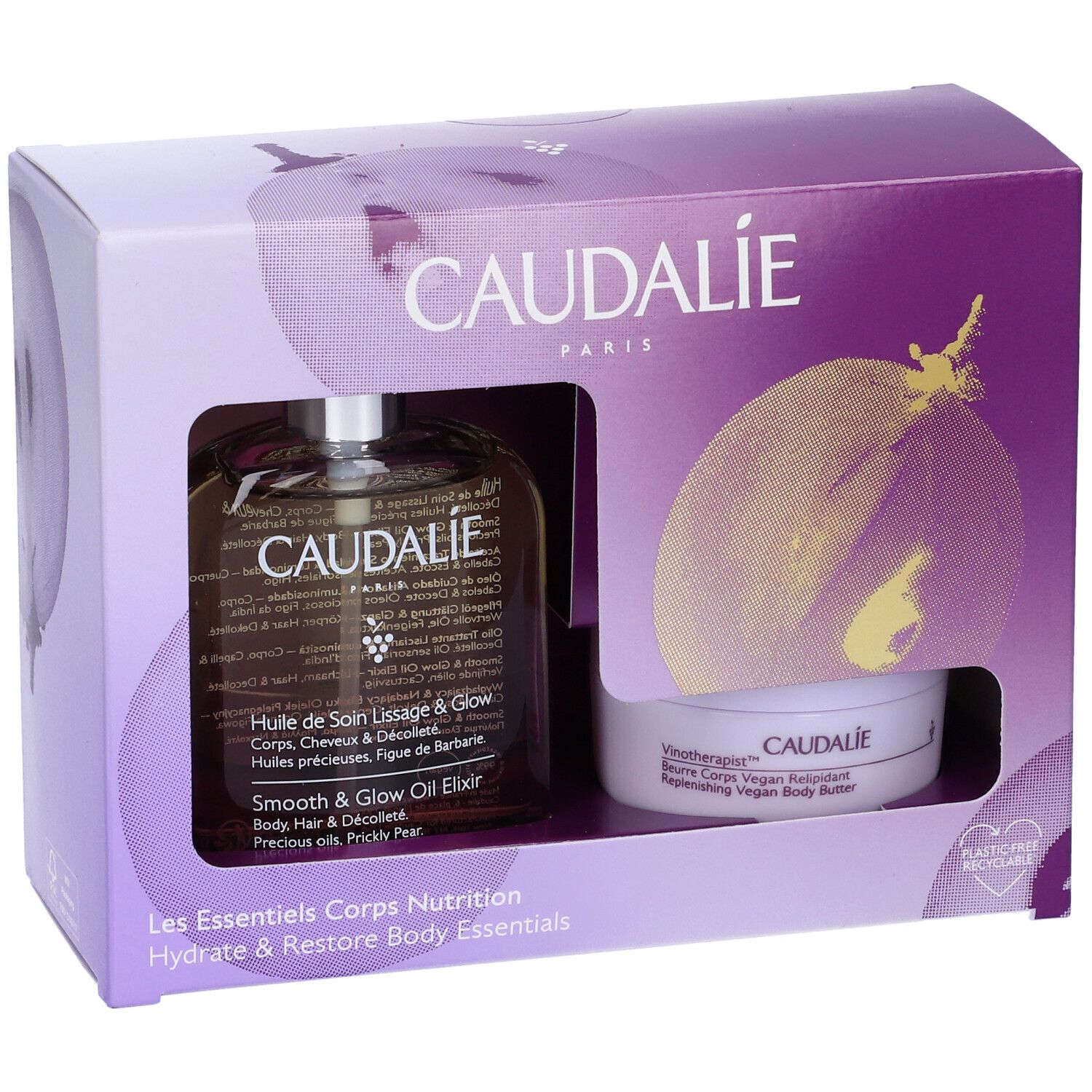 Confezione regalo Caudalìe con olio e crema. Confezione viola con finestra. Nomi dei prodotti visibili.