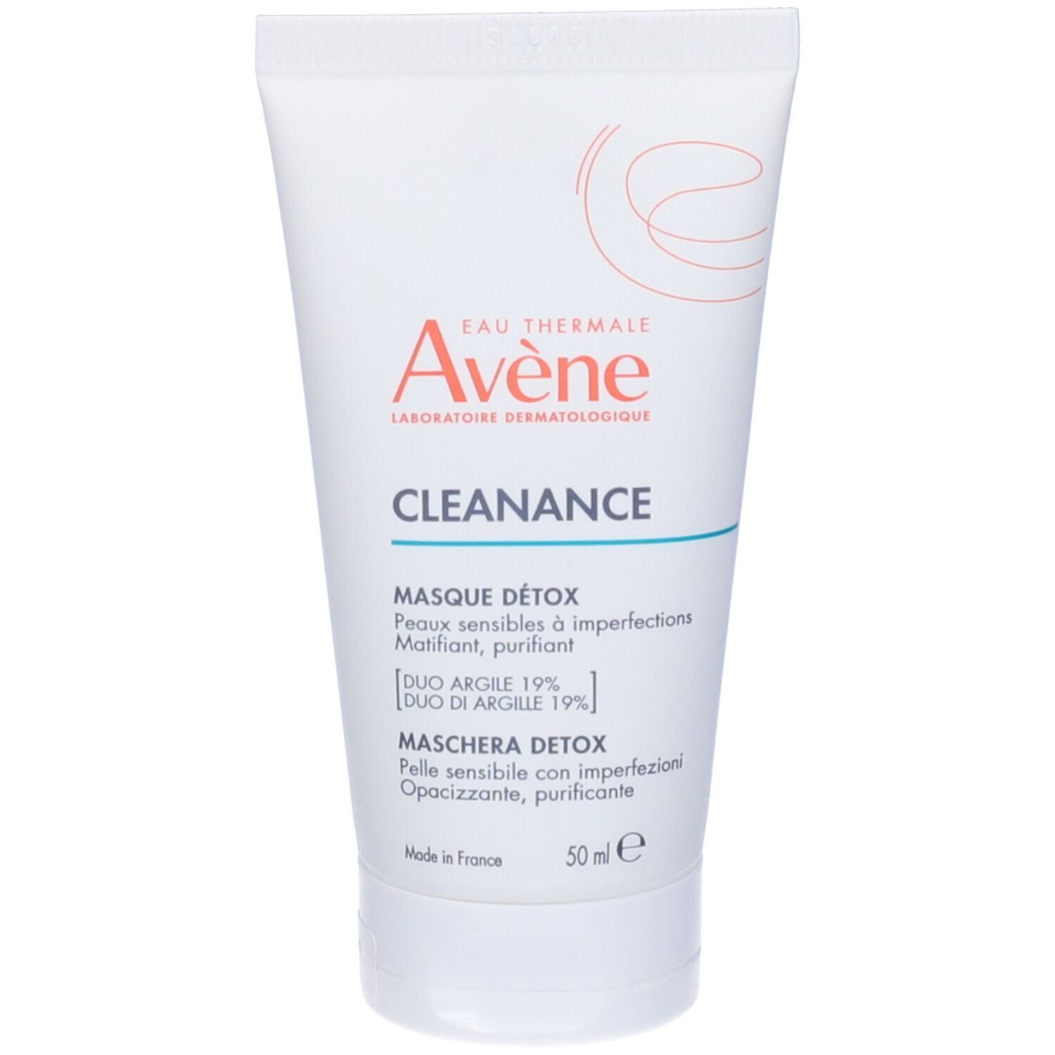Tubo bianco con logo e nome del prodotto. Testo: Cleanance, Maschera Detox. 50ml.