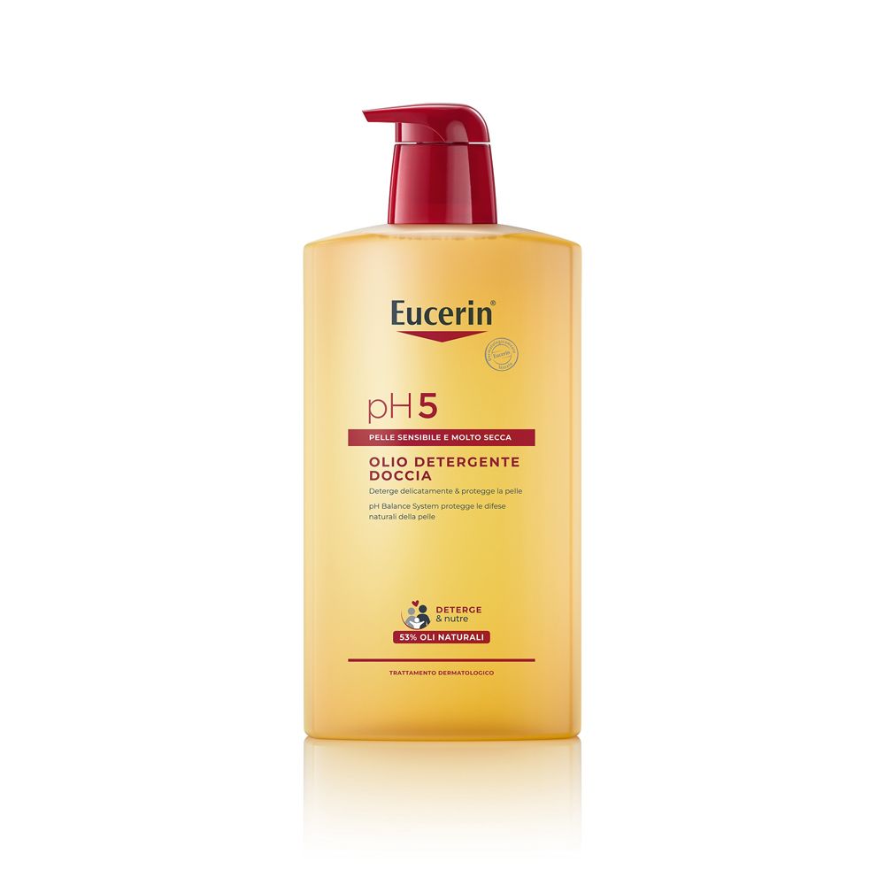 Flacone giallo con dosatore rosso. Scritta: Eucerin pH5, Olio Detergente Doccia.