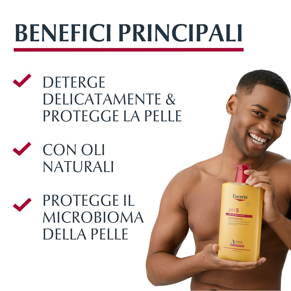 Uomo tiene flacone. Testo: Deterge delicatamente & protegge la pelle, con oli naturali, protegge il microbioma.
