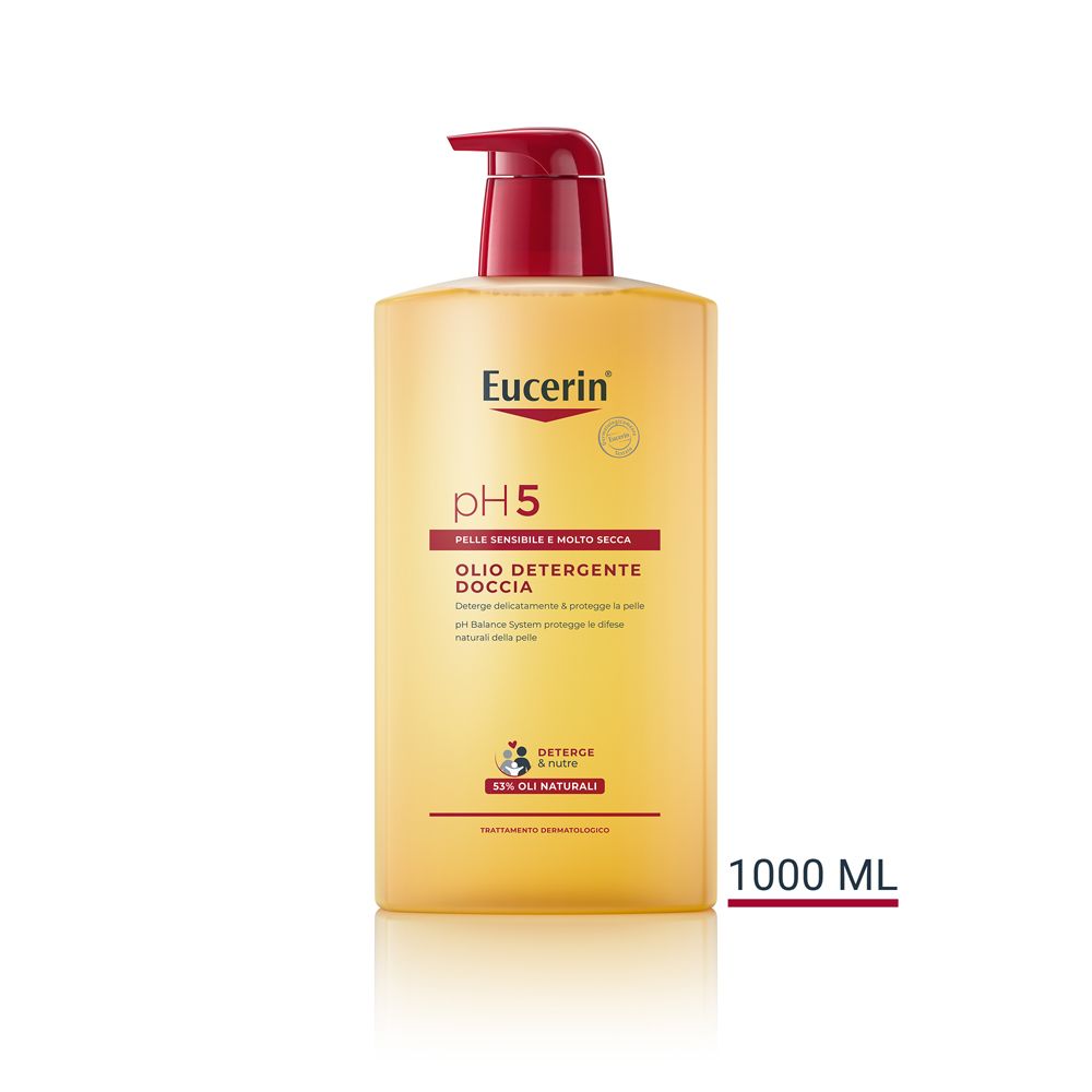 Flacone giallo con dosatore rosso. Scritta: Eucerin pH5, Olio Detergente Doccia. 1000 ml.