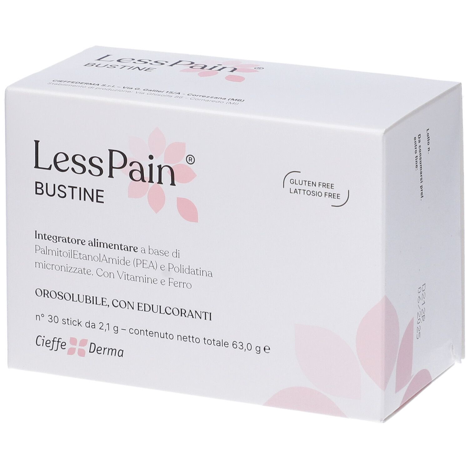 Scatola bianca "LessPain Bustine". Senza glutine e lattosio. Fiori rosa. Testo: Integratore alimentare a base di...