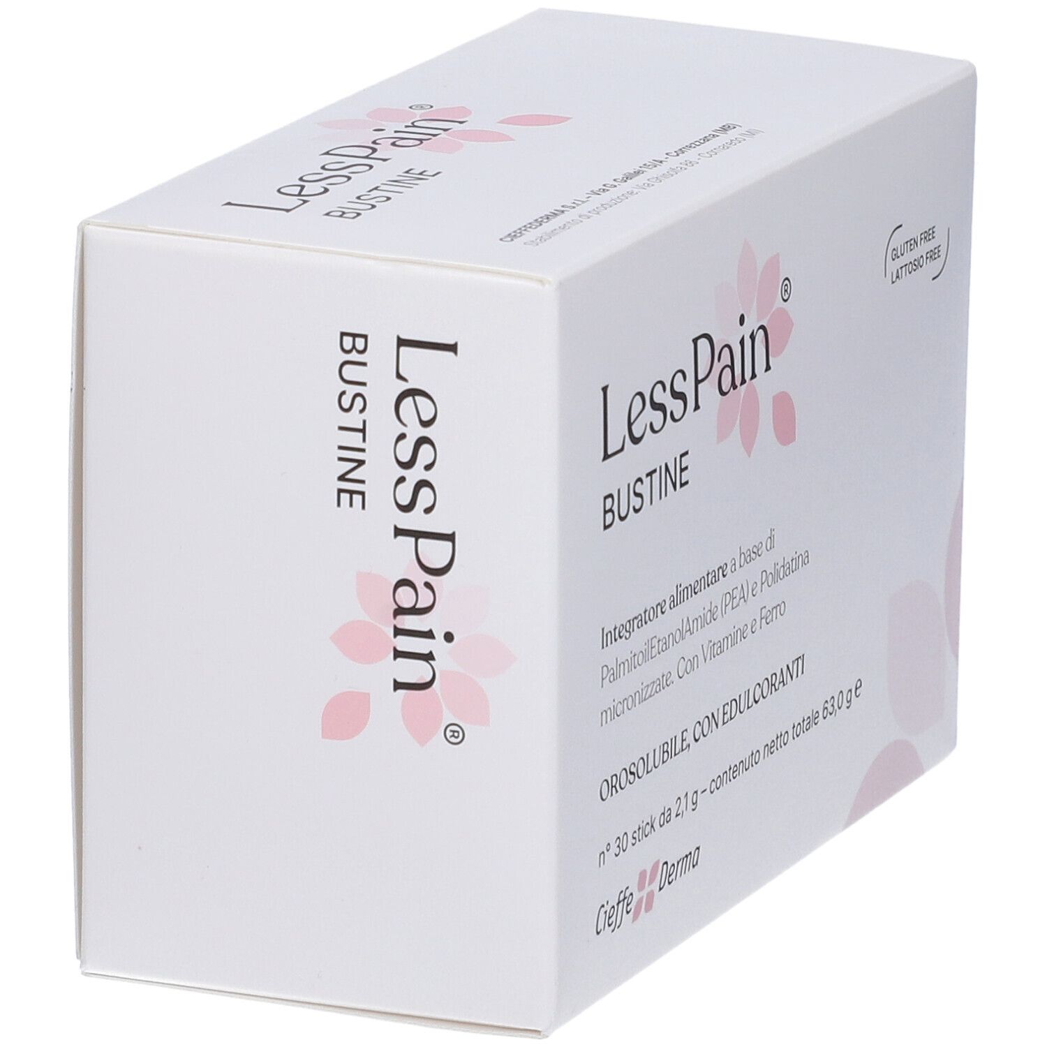 Scatola bianca "LessPain Bustine". Fiori rosa. Testo: Integratore alimentare. Senza glutine e lattosio.