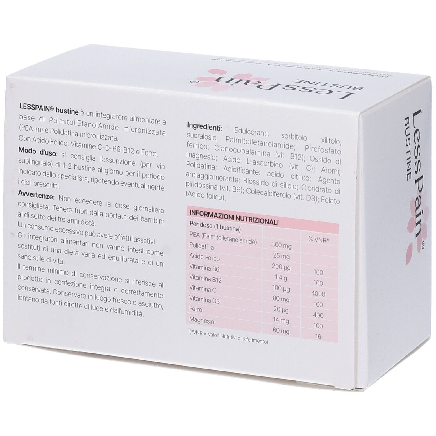 Retro scatola "LessPain Bustine". Testo: Ingredienti, informazioni nutrizionali. Fiori rosa. Informazioni produttore.