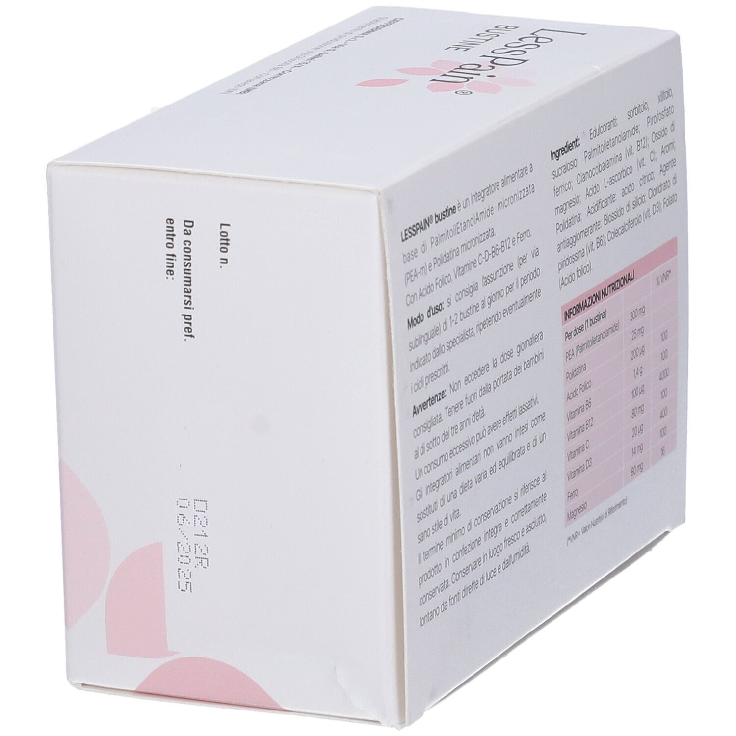 Scatola "LessPain Bustine" con testo. Data di scadenza. Fiori rosa. Informazioni produttore.
