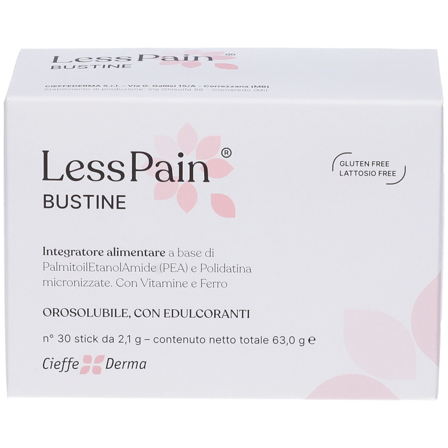 Scatola bianca "LessPain Bustine". Senza glutine e lattosio. Testo: Integratore alimentare. 30 stick.