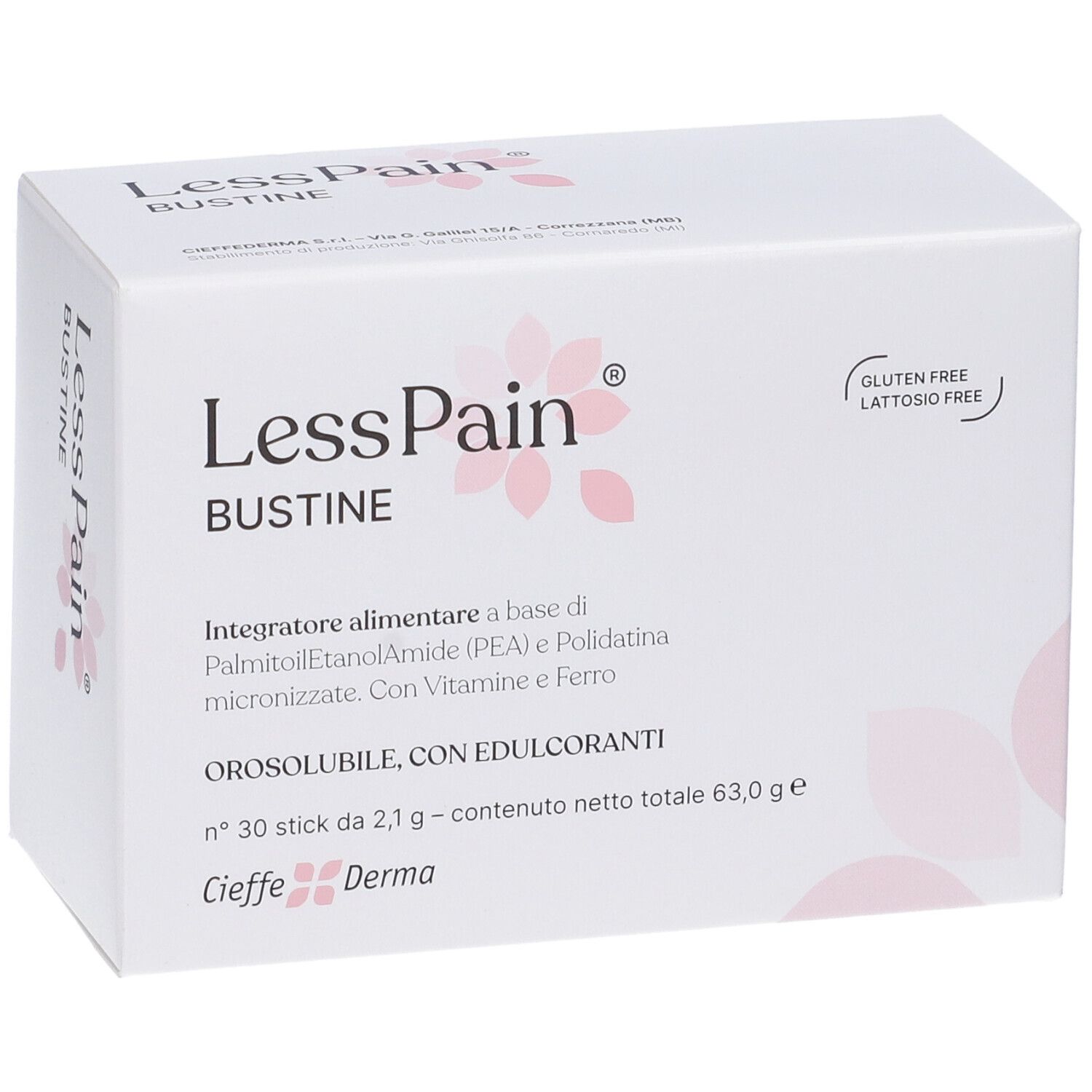 Scatola bianca "LessPain Bustine". Senza glutine e lattosio. Testo: Integratore alimentare. 30 stick.