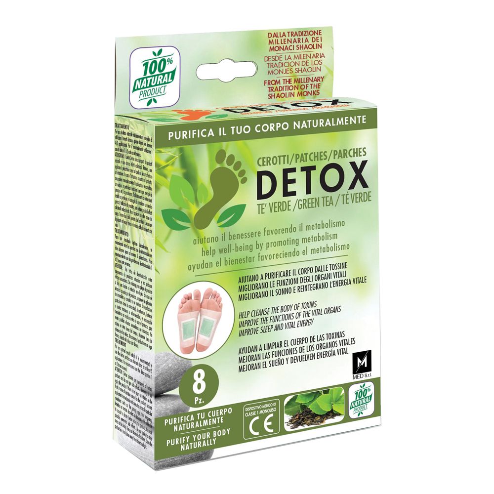 Confezione di Cerotti Detox Te' Verde, 8 pezzi. Verde e bianco. Illustrazioni di piedi e testo. Marchio e logo.