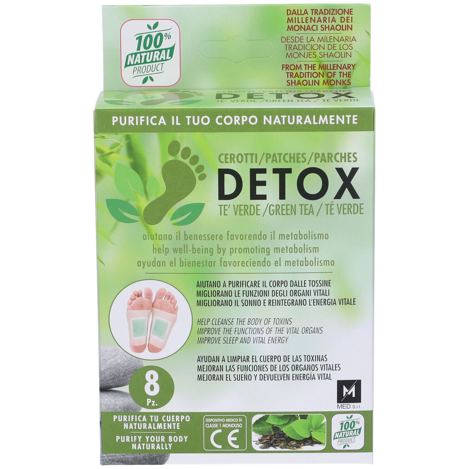 Confezione di Cerotti Detox Te' Verde, 8 pezzi. Verde e bianco. Illustrazioni di piedi e testo. Marchio e logo.