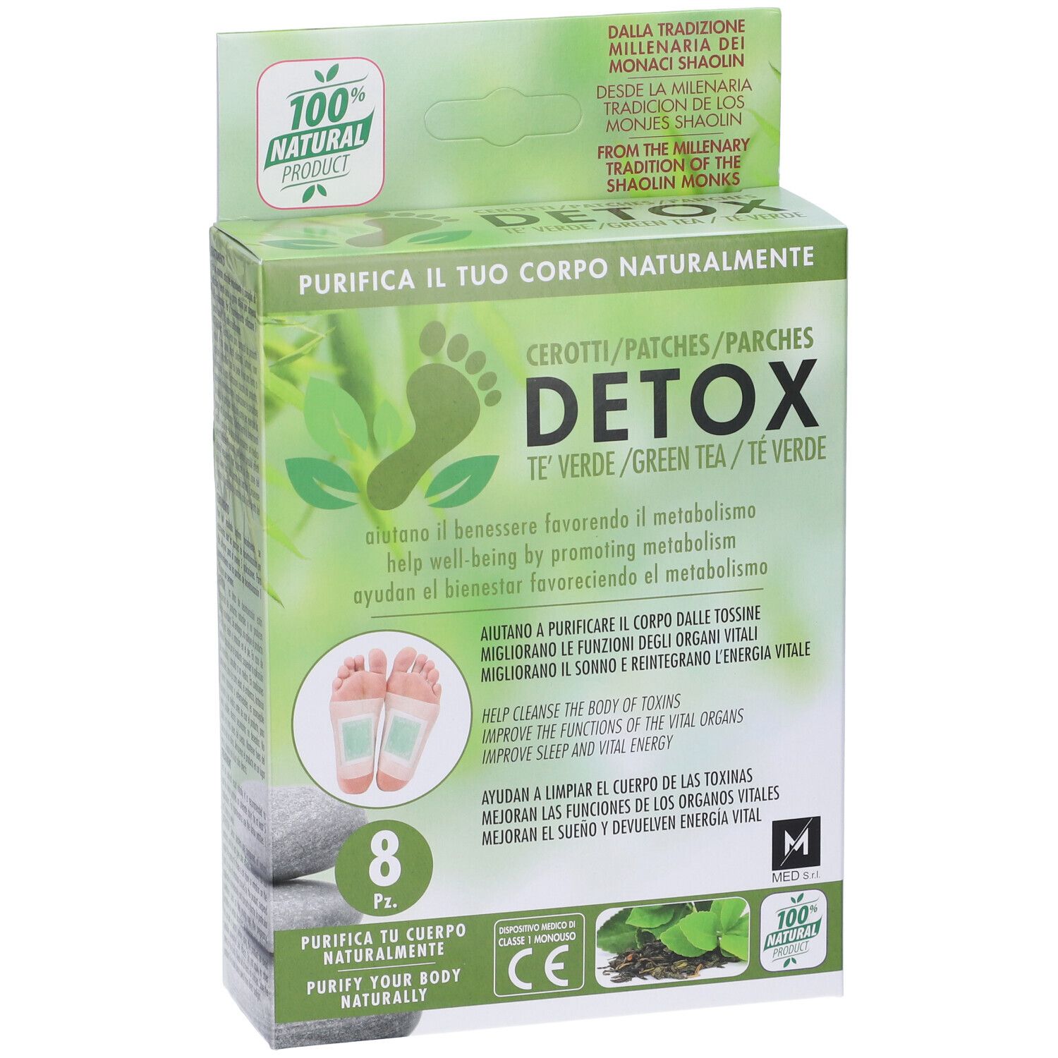 Confezione di Cerotti Detox Te' Verde, 8 pezzi. Verde e bianco. Illustrazioni di piedi e testo. Marchio e logo.